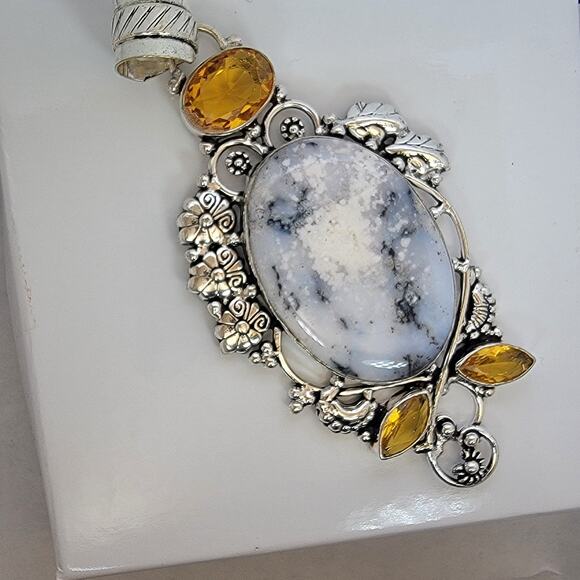 Dendritic Agate Pendant with Yellow Gems – Ornate Sterling Silver Necklace - Picture 2 of 10